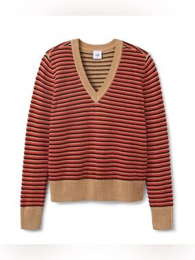 CAbi Jazz Pullover Striped V-Neck Sweater in Red and Tan. Large. EUC